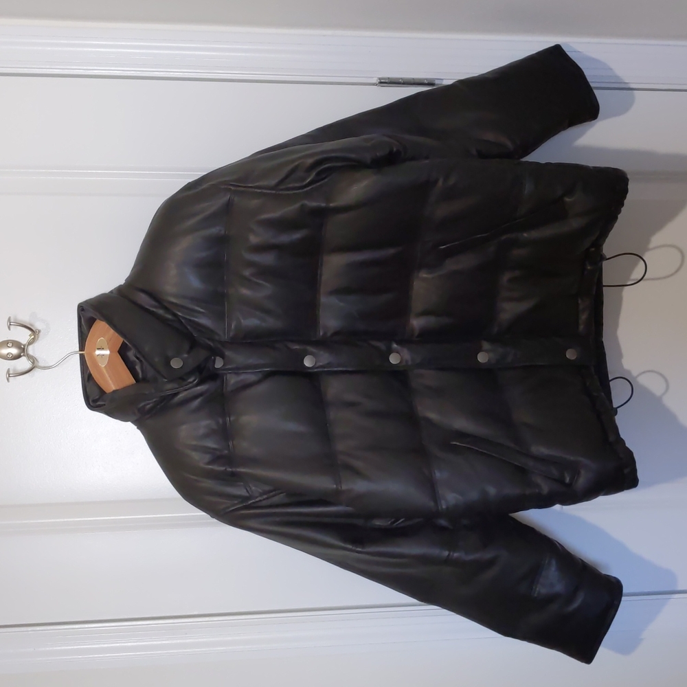 Coach Black Leather Down Filled Puffer Jacket (Medium)